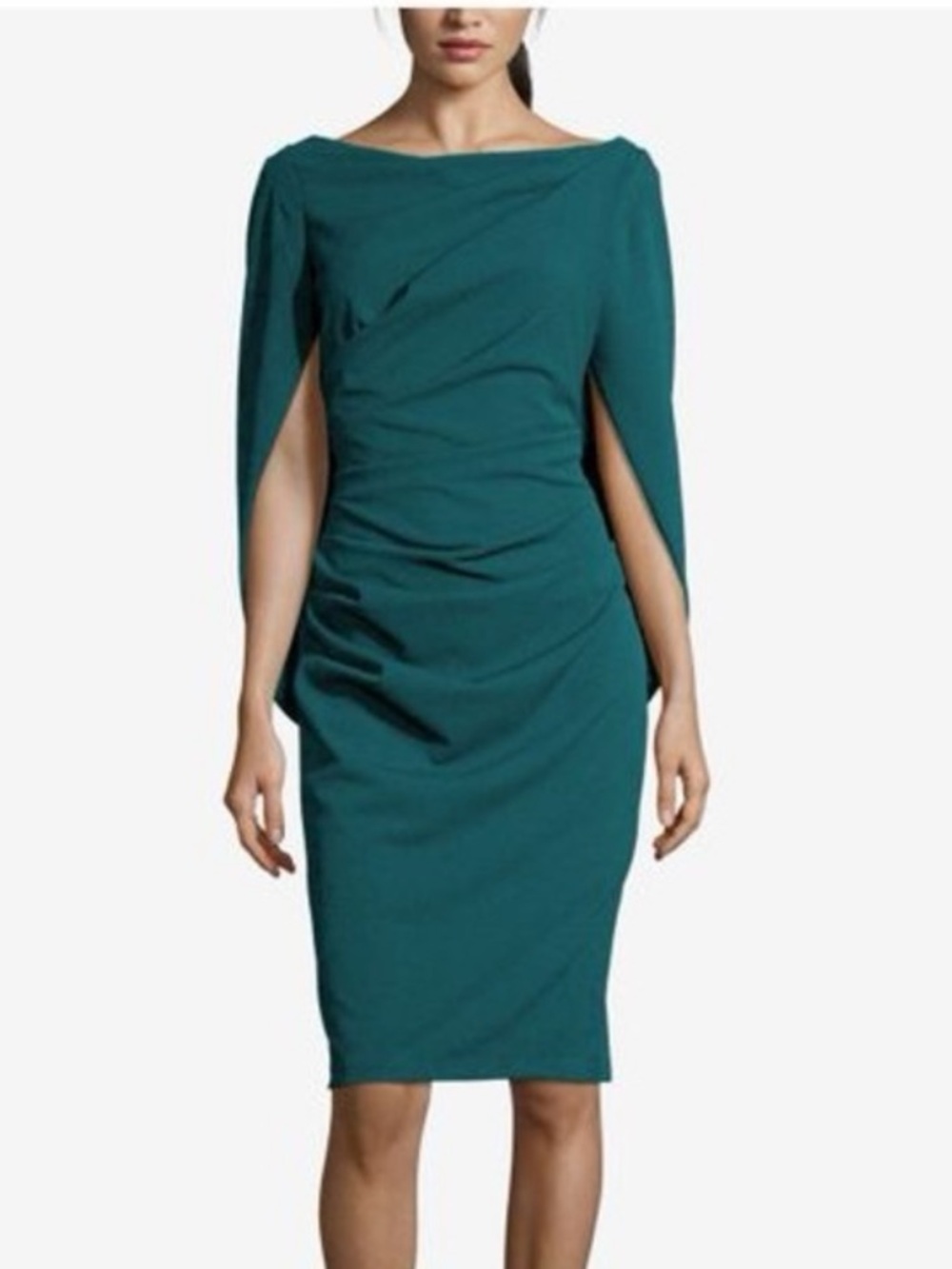 Betsy & Adam Teal Cape-Sleeve Sheath Midi stretchy lined Dress